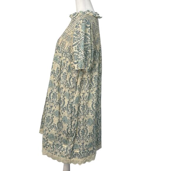 Easel Babydoll Smocked Antique Blue Cream Floral Damask Lace Trim Dress S Boho - Picture 5 of 13